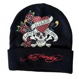 Ed Hardy Black Knit Beanie Embroidered Skull & Heart Design